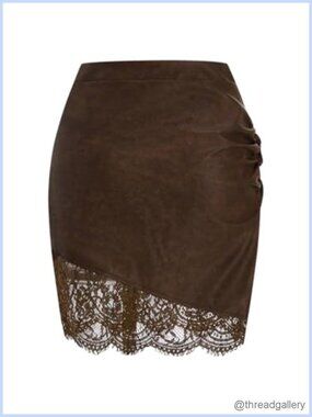 Women's Floral Lace PU Leather Bodycon Short Skirt Zip Up Ruched Dressy A Line